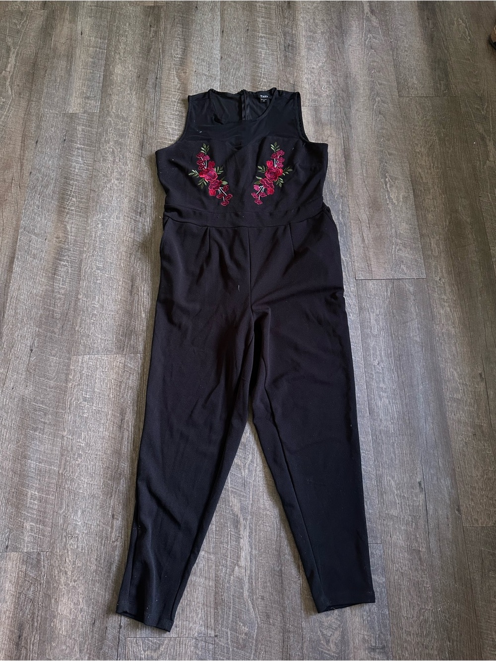 Marshalls Black Sleeveless Jumpsuit with Red Floral Embroidery